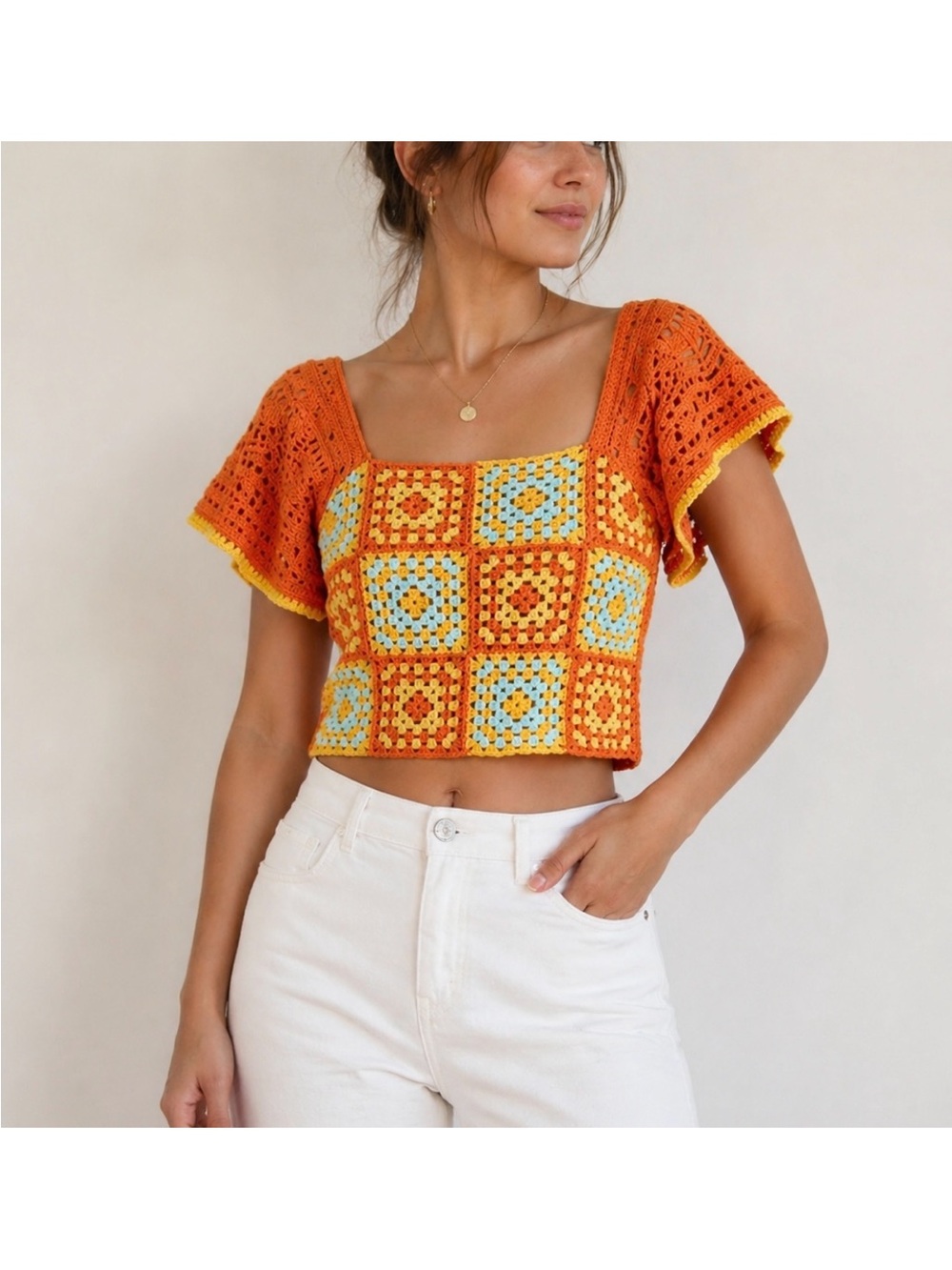 Circus NY Granny Square Crochet Crop Top Boho Festival Multicolor Size S